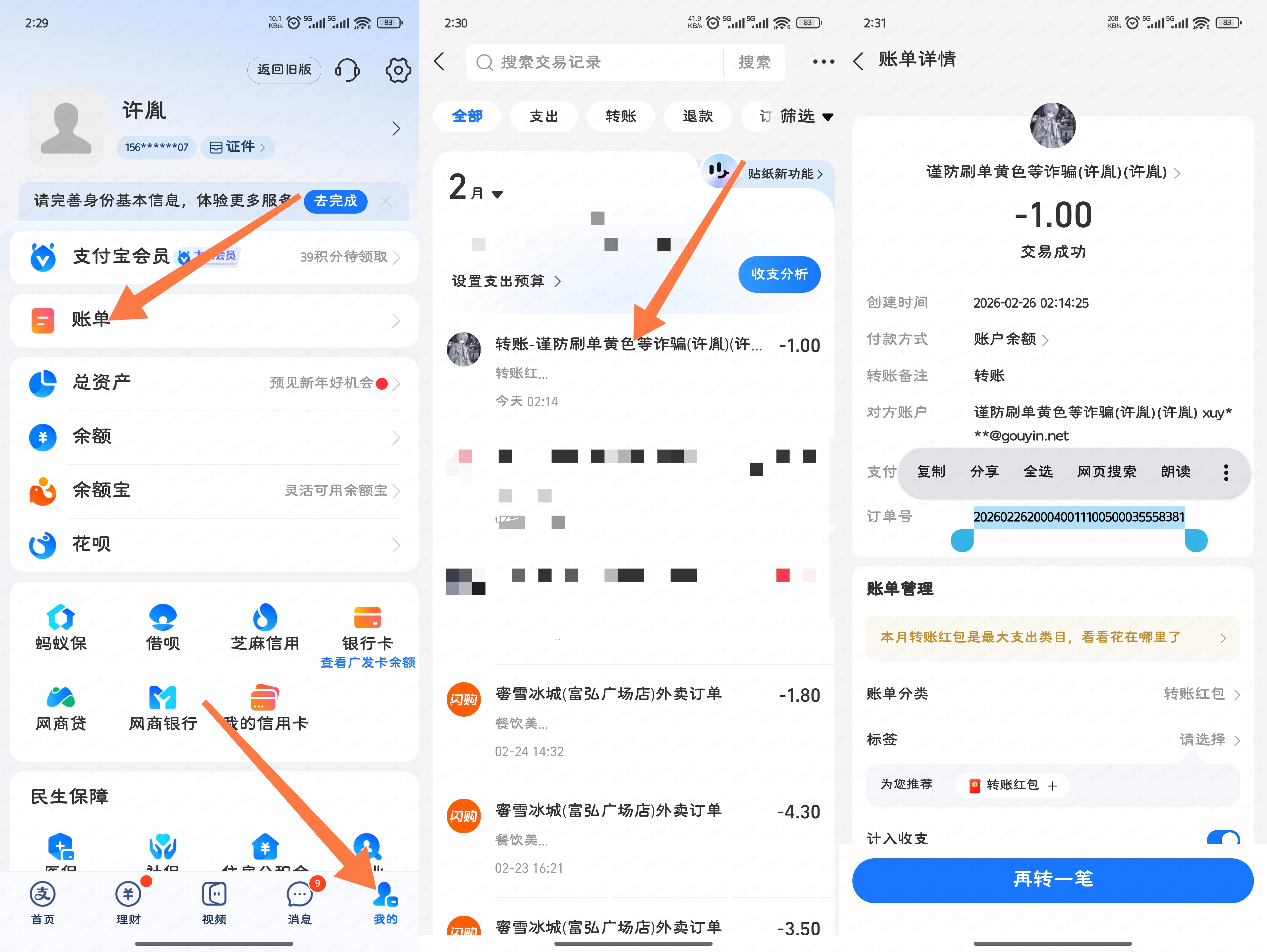 支付宝订单号位置示例